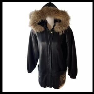 Donna Pelle Lamb Leather Real Fur Trim Hooded BLK Parka Pockets Oversized Small